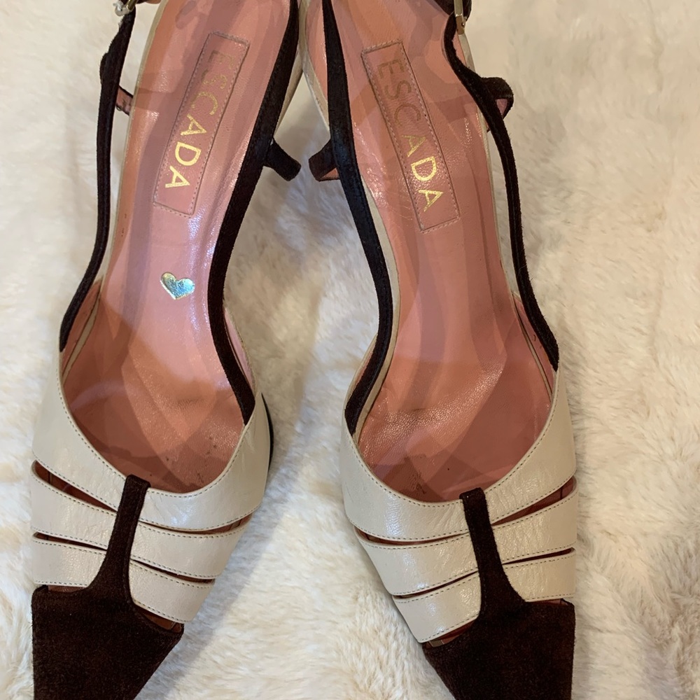 Escada slingback brown suede toe w/beige leather
